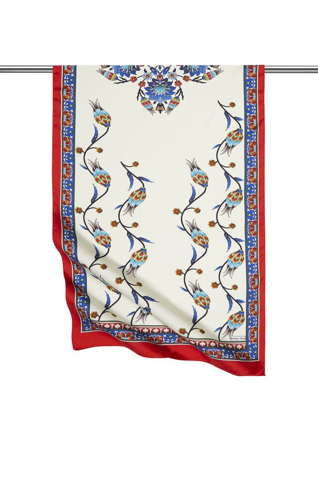 Saks Red Row Tulip Pattern Wide Silky Foulard 