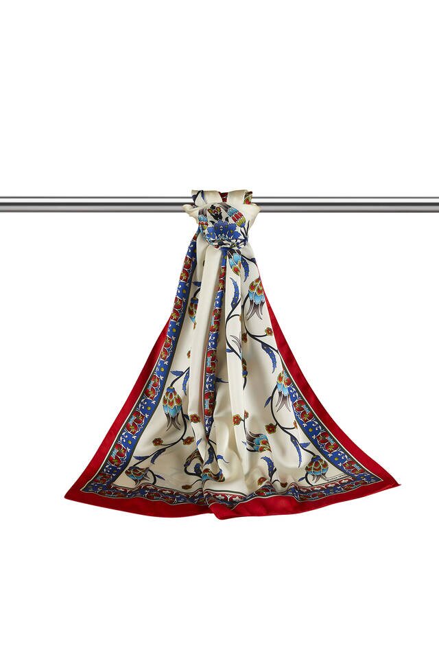 Saks Red Row Tulip Pattern Wide Silky Foulard - 3