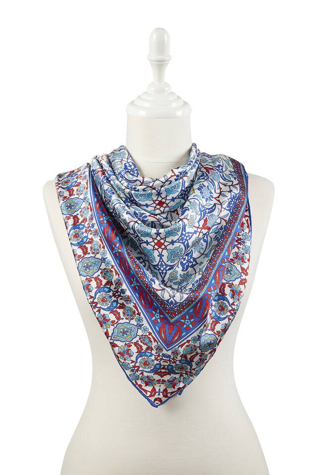 Saks Red Turkish Patterned Tile Pattern Silk Square Scarf - 2