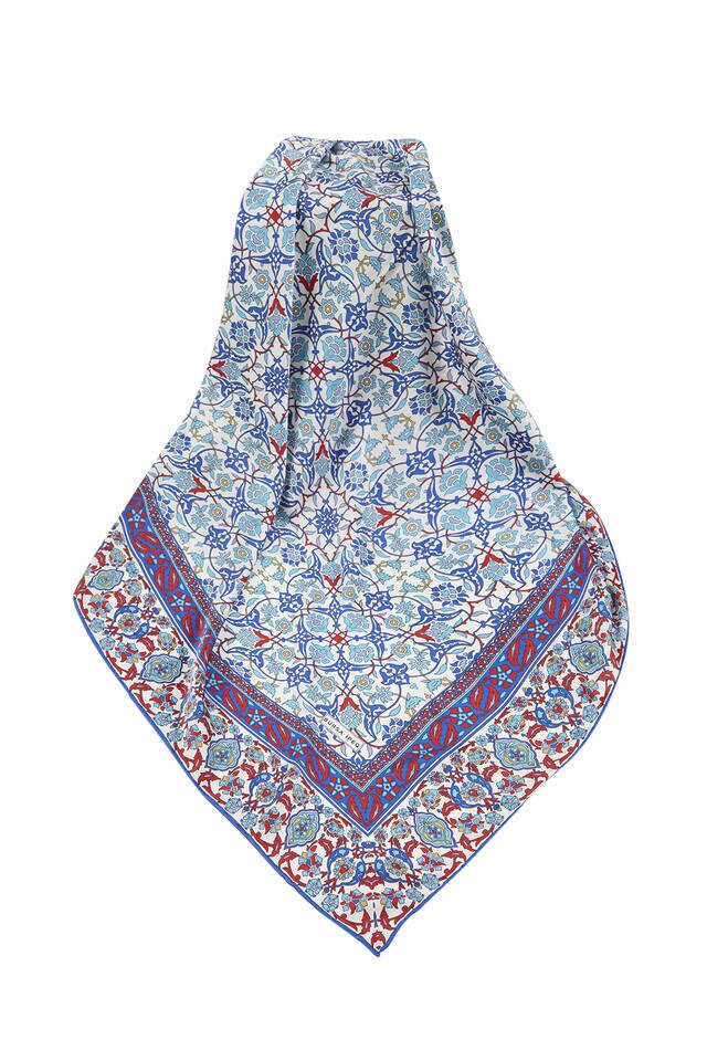 Saks Red Turkish Patterned Tile Pattern Silk Square Scarf - 3