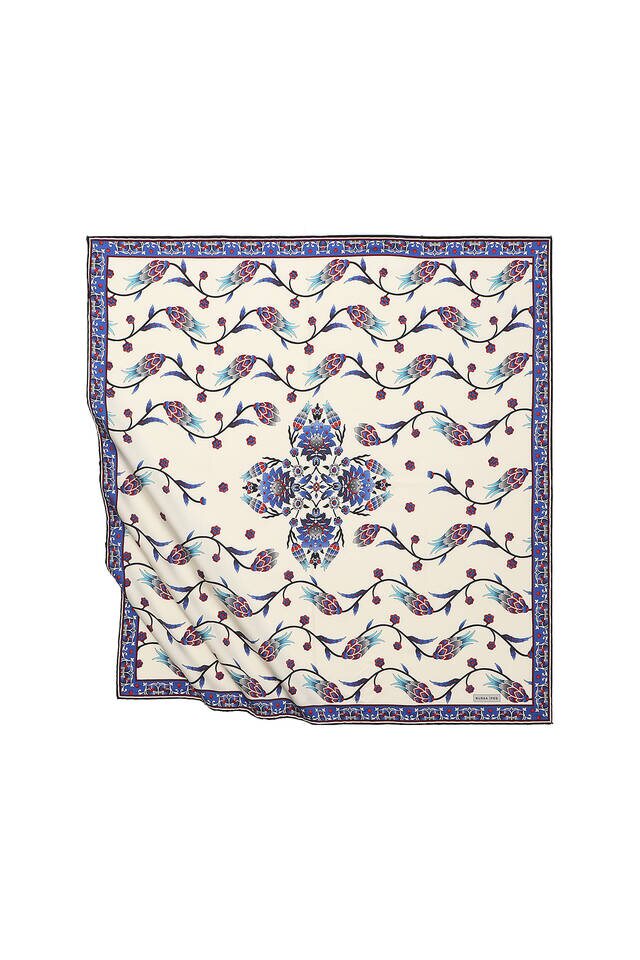 Saks Row Tulip Pattern Silky Square Scarf - Bursa İpek