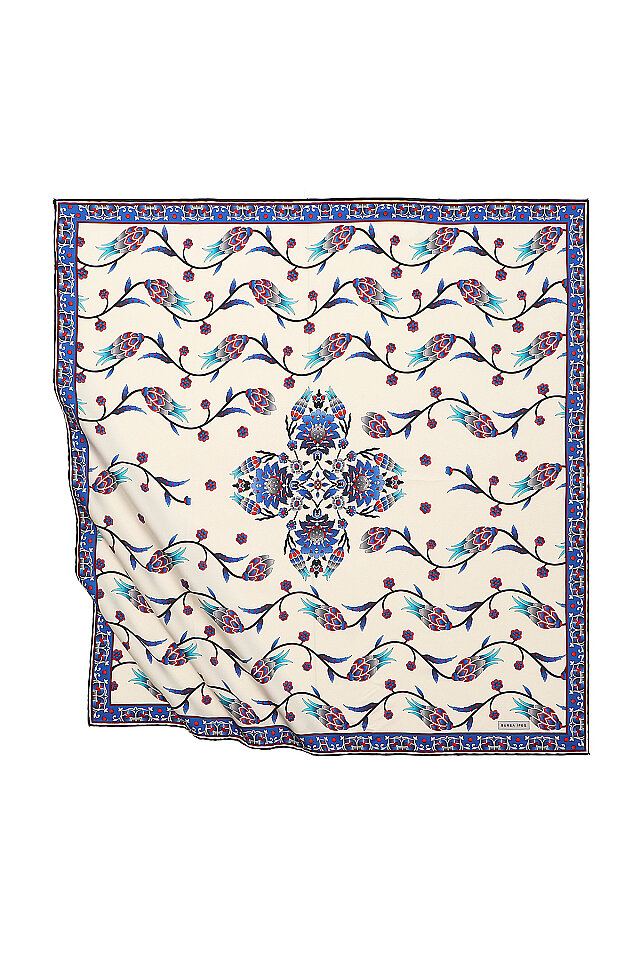 Saks Row Tulip Pattern Silky Square Scarf - Bursa İpek