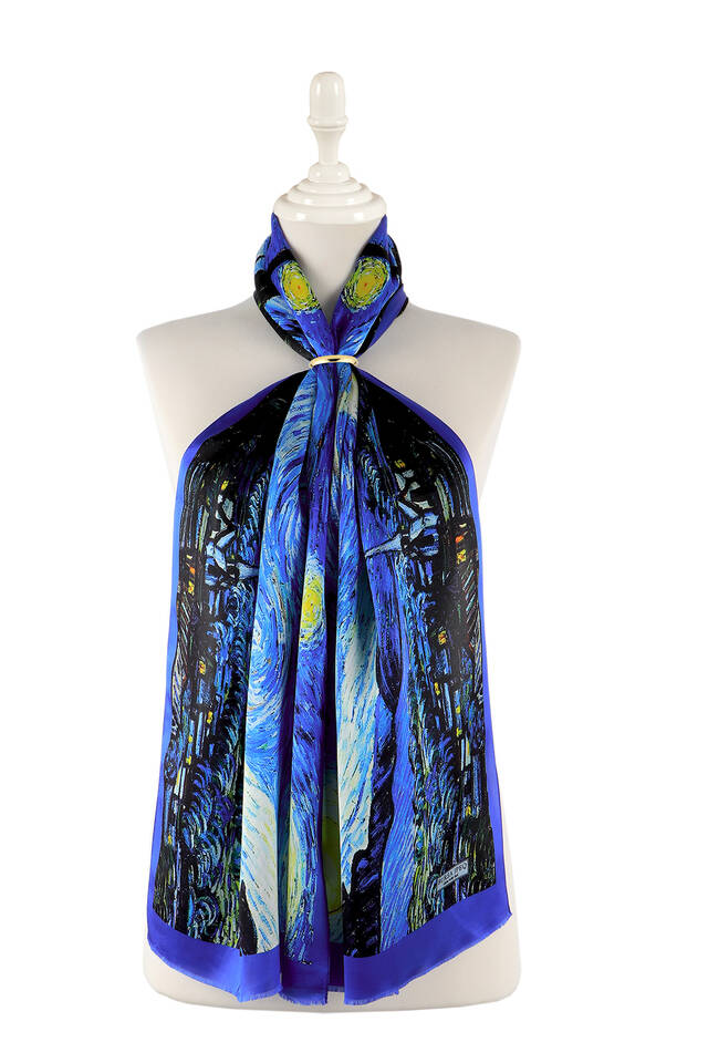 Saks Starry Night Silk Painting Foulard - Bursa İpek