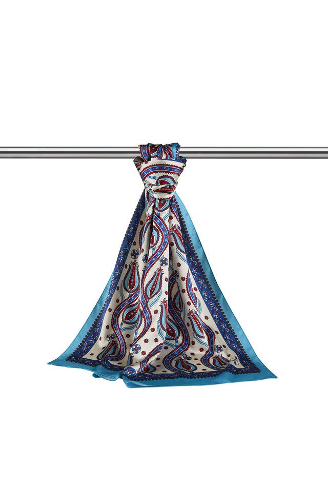 Saks Turquoise Row Tulip Pattern Narrow Silky Foulard - 3