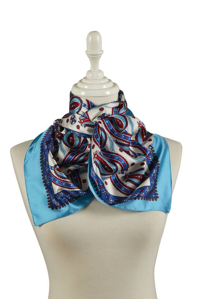 Saks Turquoise Row Tulip Pattern Narrow Silky Foulard - 2