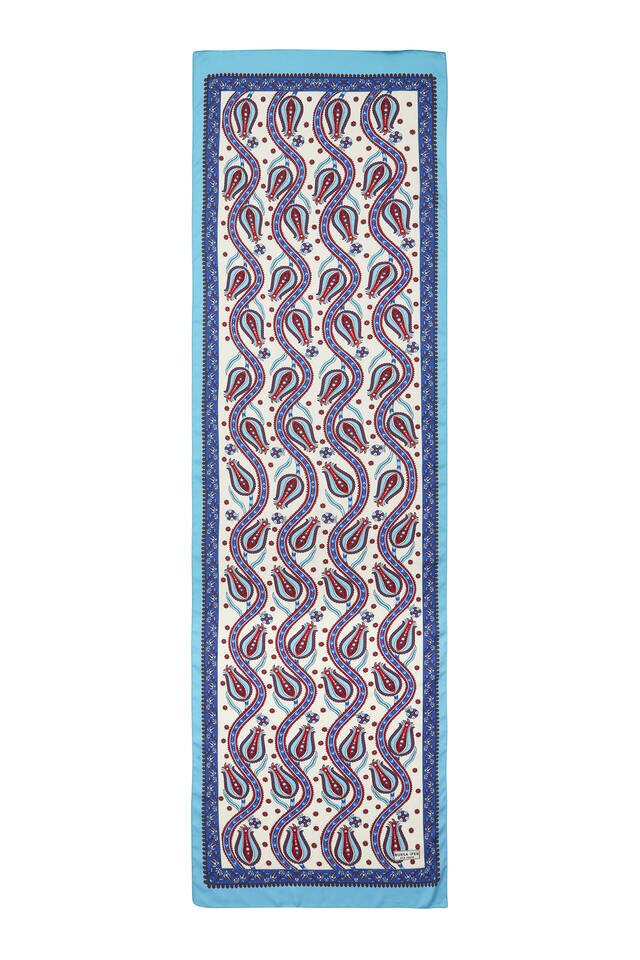 Saks Turquoise Row Tulip Pattern Narrow Silky Foulard - 4