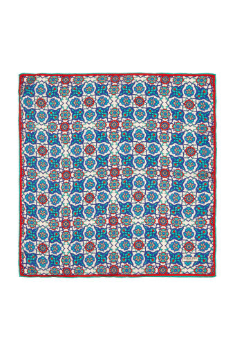Saks Turquoise Tile Spiral Pattern Silk Pocket Square 