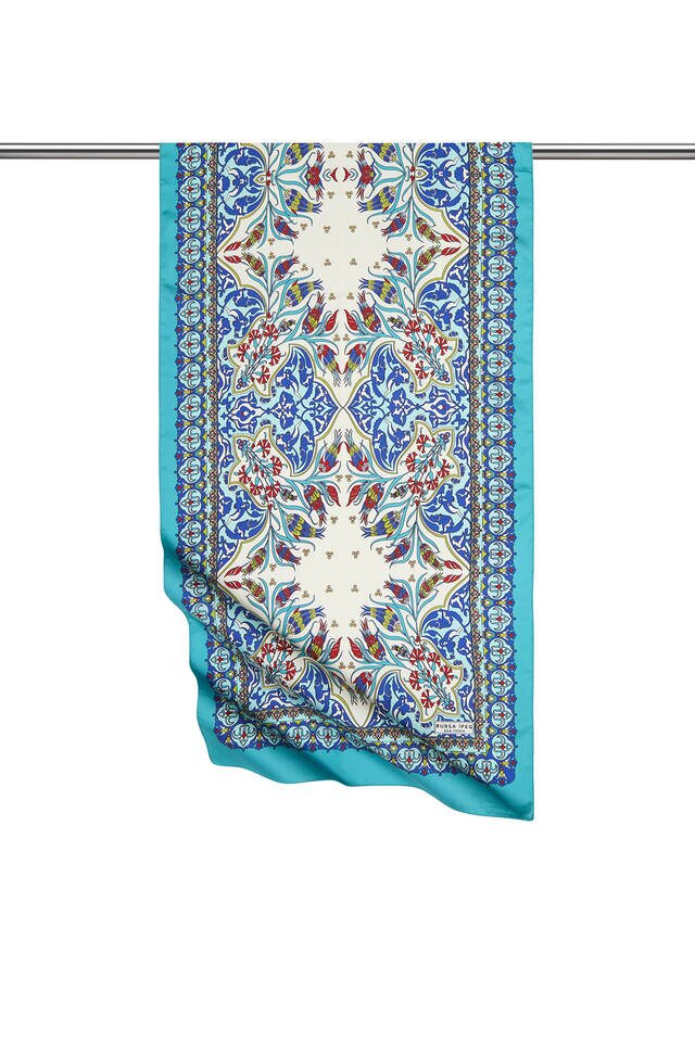 Saks Yeşil Çini Lale Desen Dar İpeksi Fular - 1