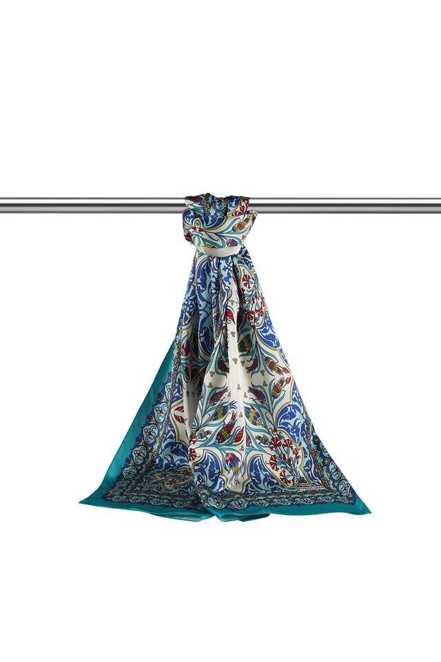 Saks Yeşil Çini Lale Desen Dar İpeksi Fular - 3