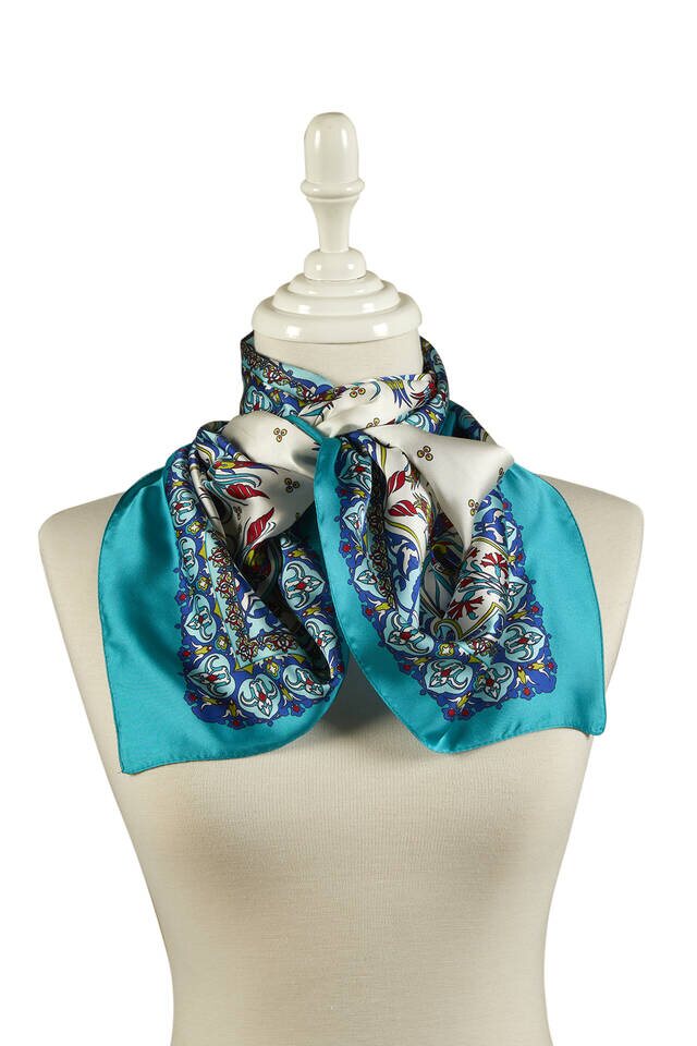 Saks Yeşil Çini Lale Desen Dar İpeksi Fular - 2