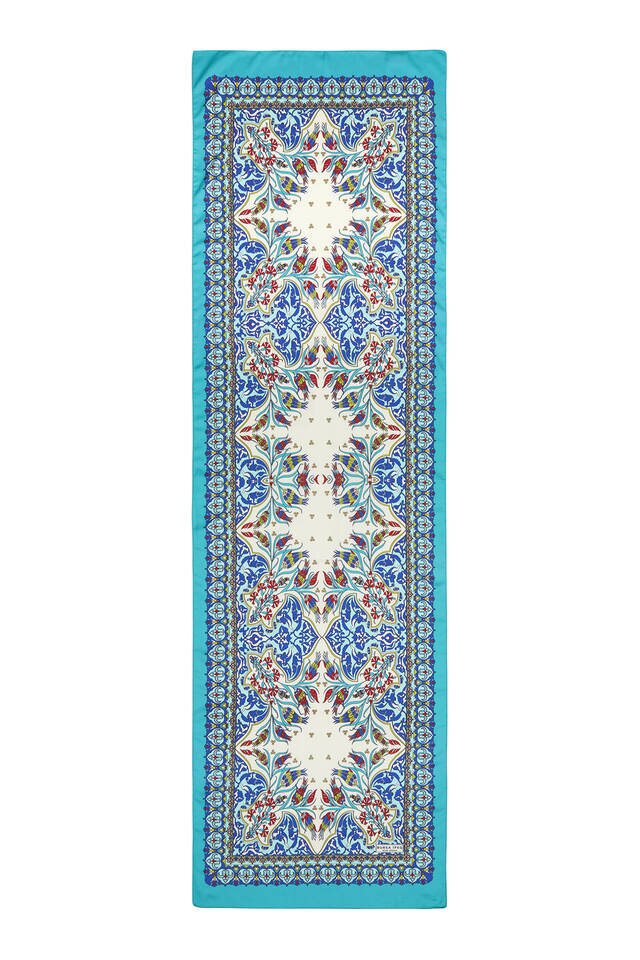 Saks Yeşil Çini Lale Desen Dar İpeksi Fular - 4