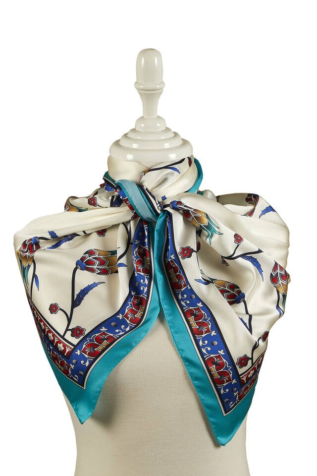 Saks Yeşil Sıra Lale Desen Geniş İpeksi Fular - 2