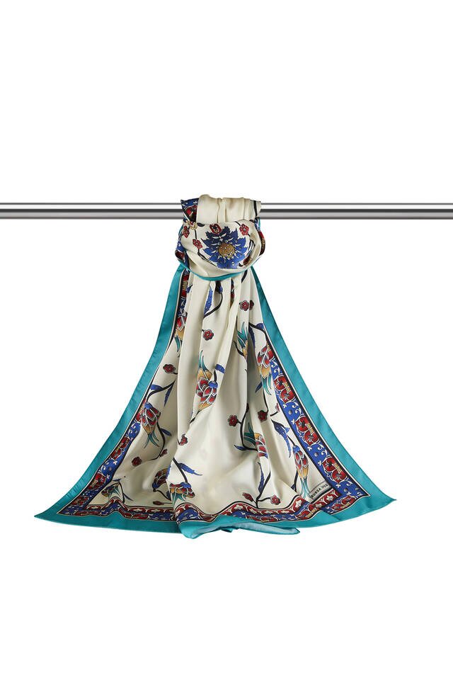 Saks Yeşil Sıra Lale Desen Geniş İpeksi Fular - 3