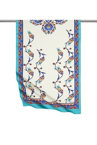 Saks Yeşil Sıra Lale Desen Geniş İpeksi Fular 