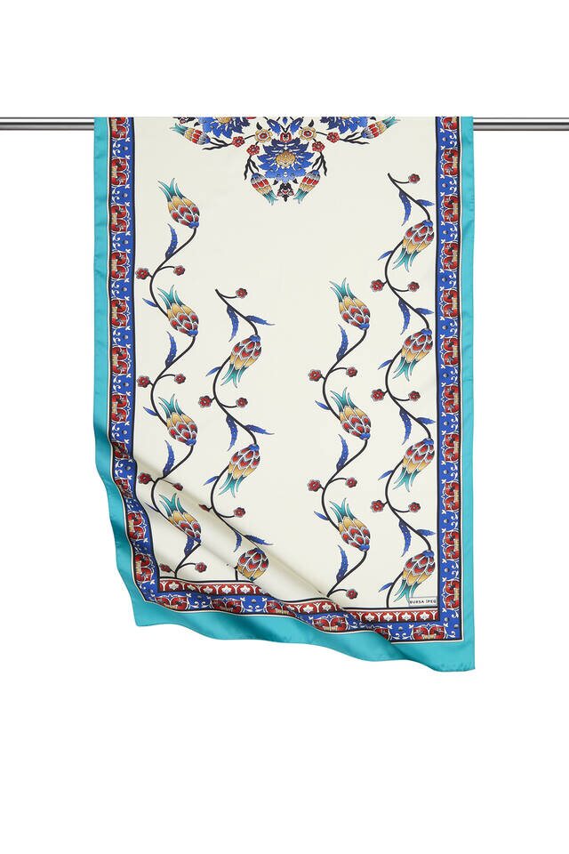 Saks Yeşil Sıra Lale Desen Geniş İpeksi Fular 
