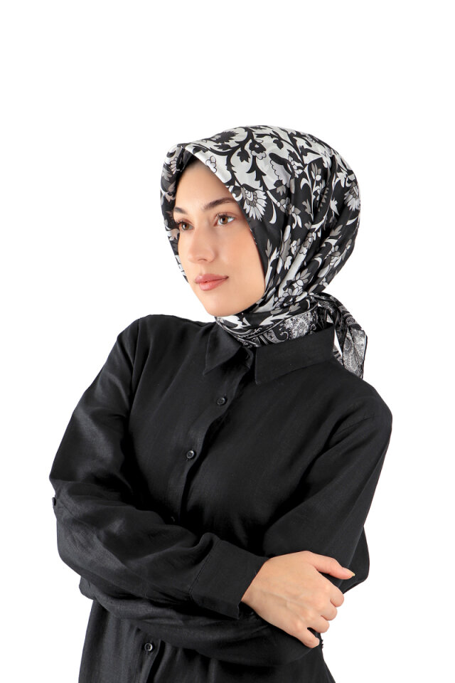 Siyah Şal Desen Vual İpek Eşarp - Bursa İpek