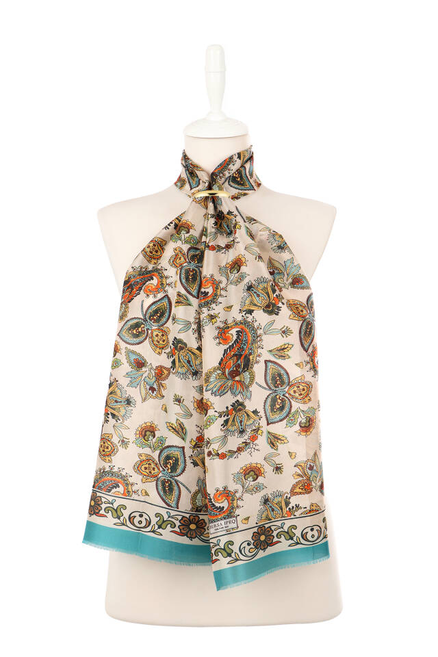 Bej Şal Desen Vual İpek Fular - 2