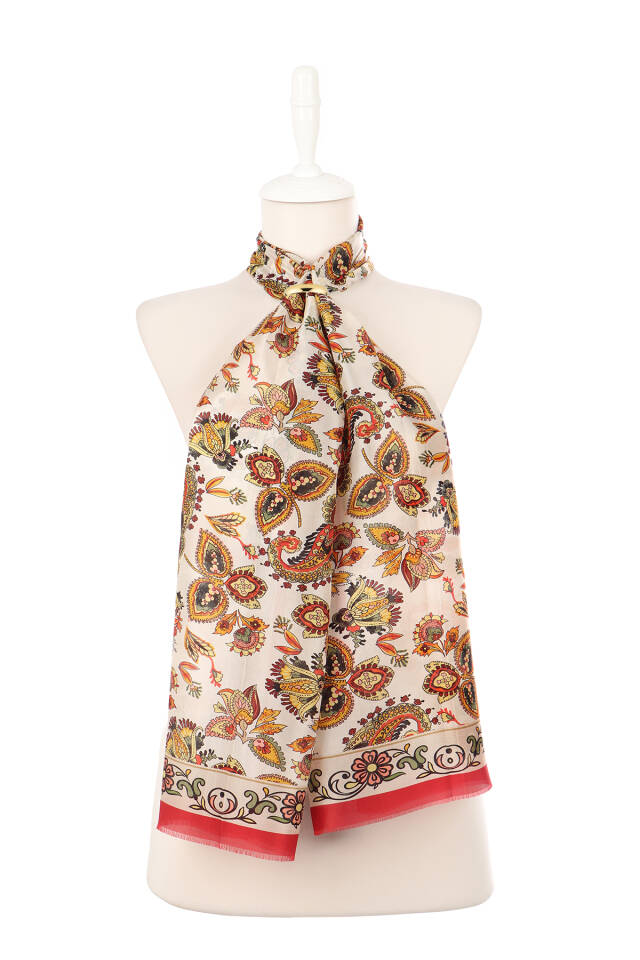 Bordo Şal Desen Vual İpek Fular - 2