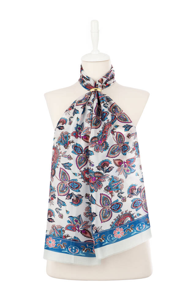 Petrol Mavi Şal Desen Vual İpek Fular - 2