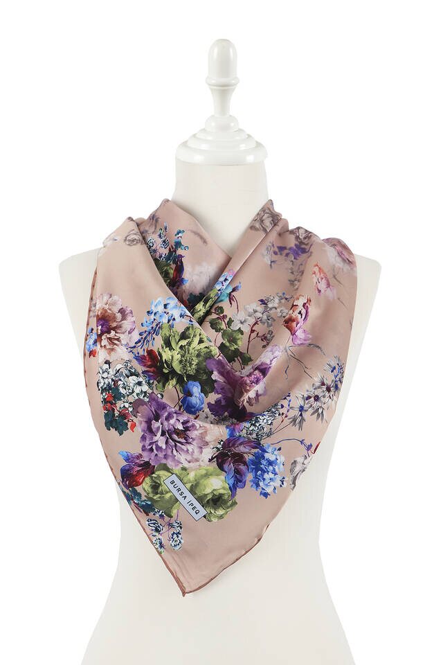 Salmon Begonia Pattern Silky Square Scarf - 2