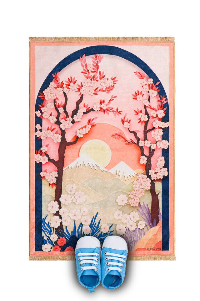 Salmon Cherry Blossom Velvet Child Prayer Rug - Bursa İpek