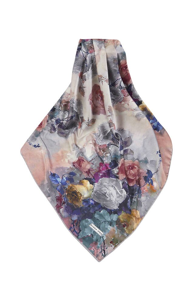 Salmon Flower Pattern Silky Square Scarf - 3