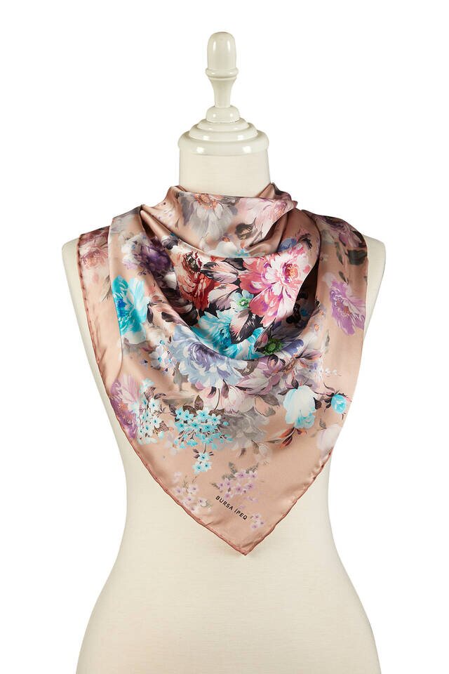 Salmon Fourflower Pattern Silky Square Scarf - 2