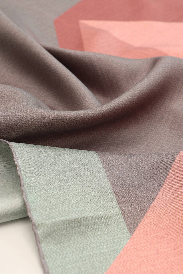 Salmon Gray Geometric Pattern Twill Silk Square Scarf - 3