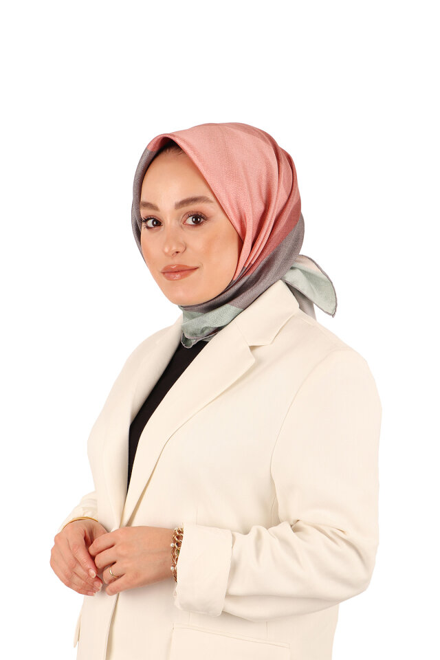 Salmon Gray Geometric Pattern Twill Silk Square Scarf 