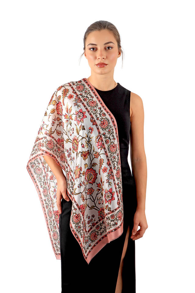 Salmon Lily Pattern Voile Silk Foulard 