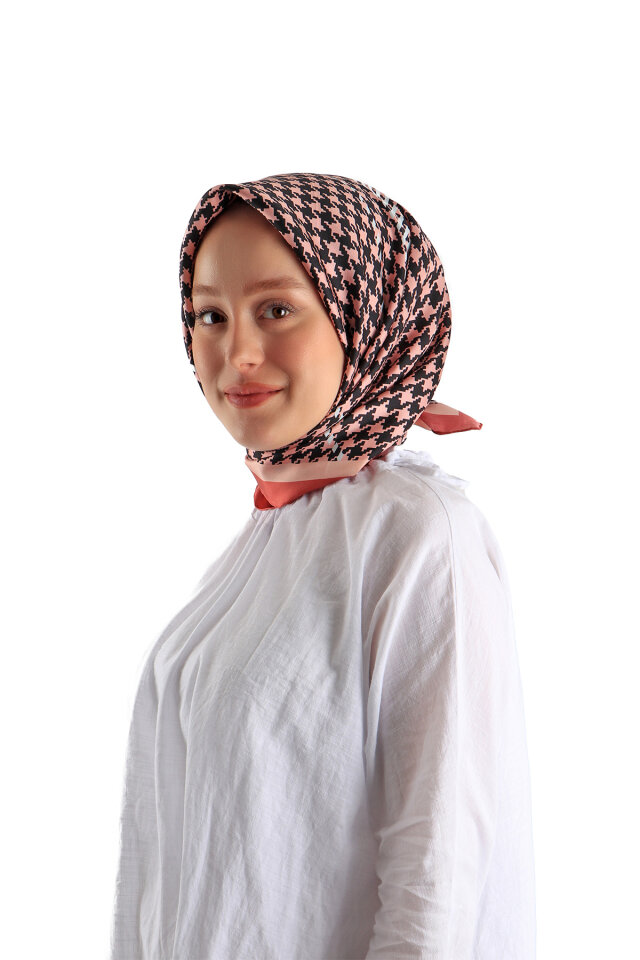 Salmon Stripe Houndstooth Pattern Twill Silk Square Scarf 