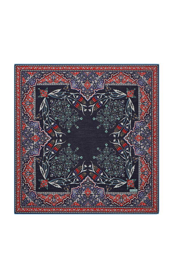 Lacivert Şamdan Lale Desen Soft Eşarp - Bursa İpek