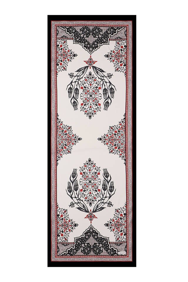 Ekru Siyah Şamdan Lale İpek Fular - 4