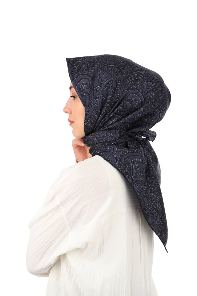 Koyu Lacivert Sanat Desen Twill İpek Eşarp - 2