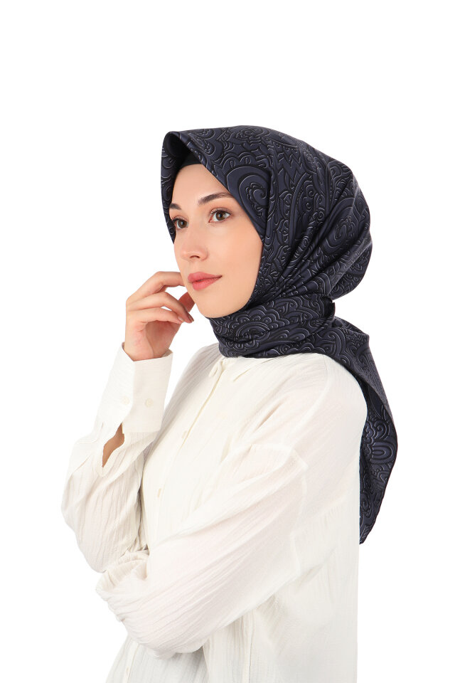 Koyu Lacivert Sanat Desen Twill İpek Eşarp - Bursa İpek