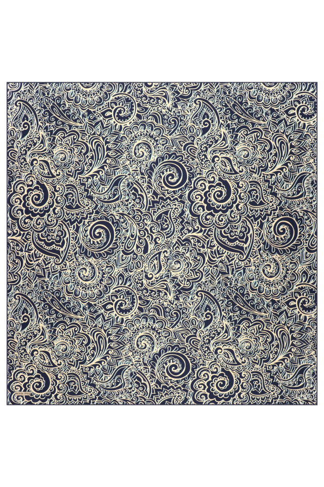 Lacivert Sanat Desen Twill İpek Eşarp - 3