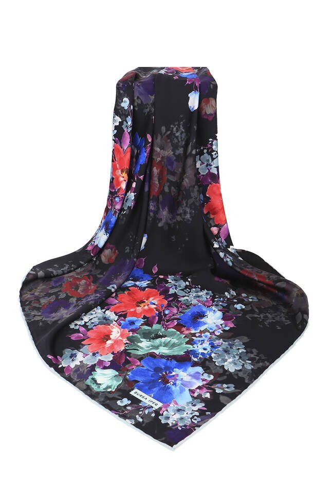 Siyah Sardunya Desen İpeksi Eşarp - 3