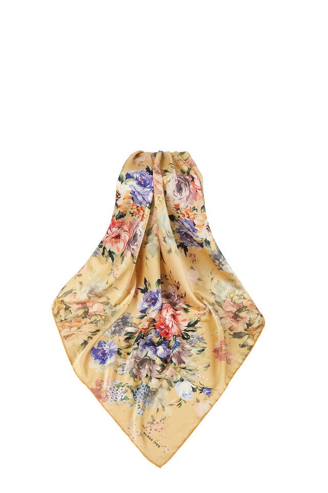 Sarı Dörtçiçek Desen İpeksi Eşarp - 3