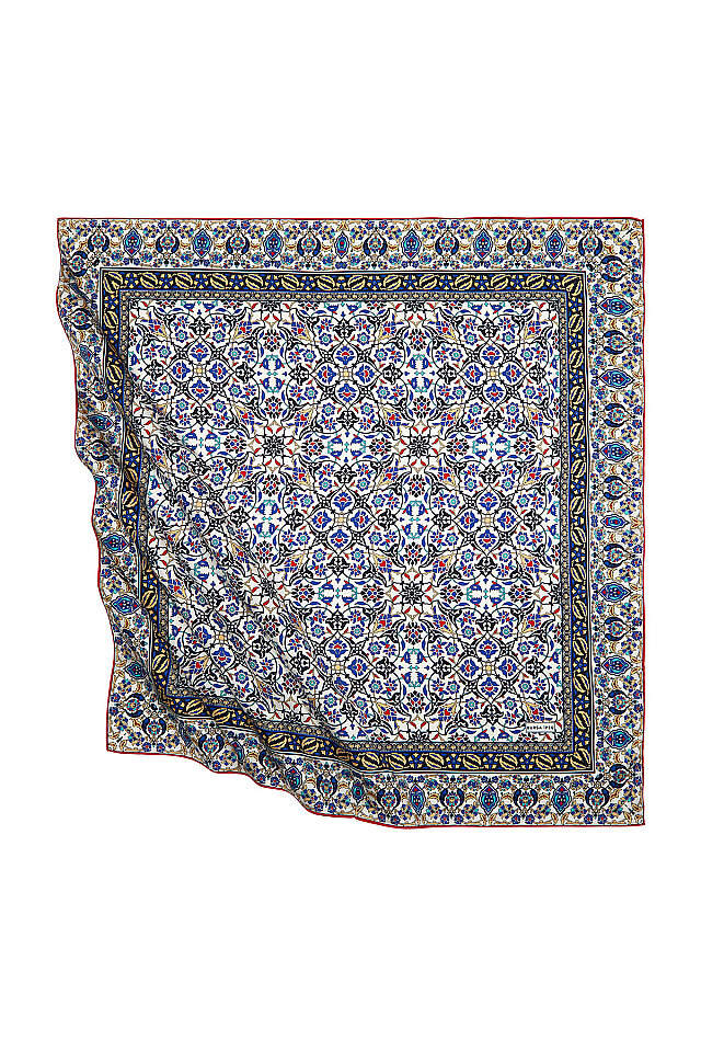 Sarı Siyah Türk Motifli Çini Desen İpeksi Eşarp 