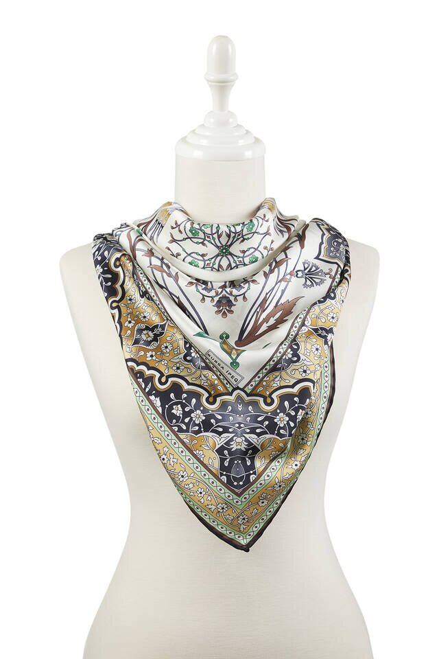 Sarı Siyah Türk Motifli Şamdan Lale Desen İpeksi Eşarp - 2