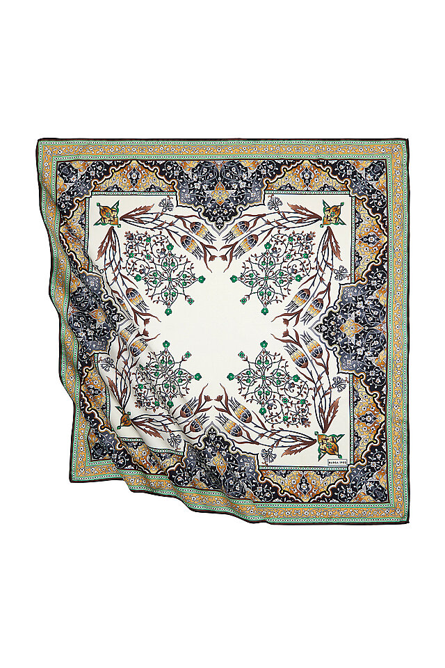 Sarı Siyah Türk Motifli Şamdan Lale Desen İpeksi Eşarp 