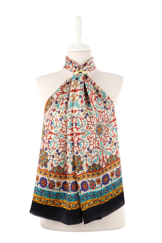 Gold Sarmaşık Desen Dar İpek Fular - 2