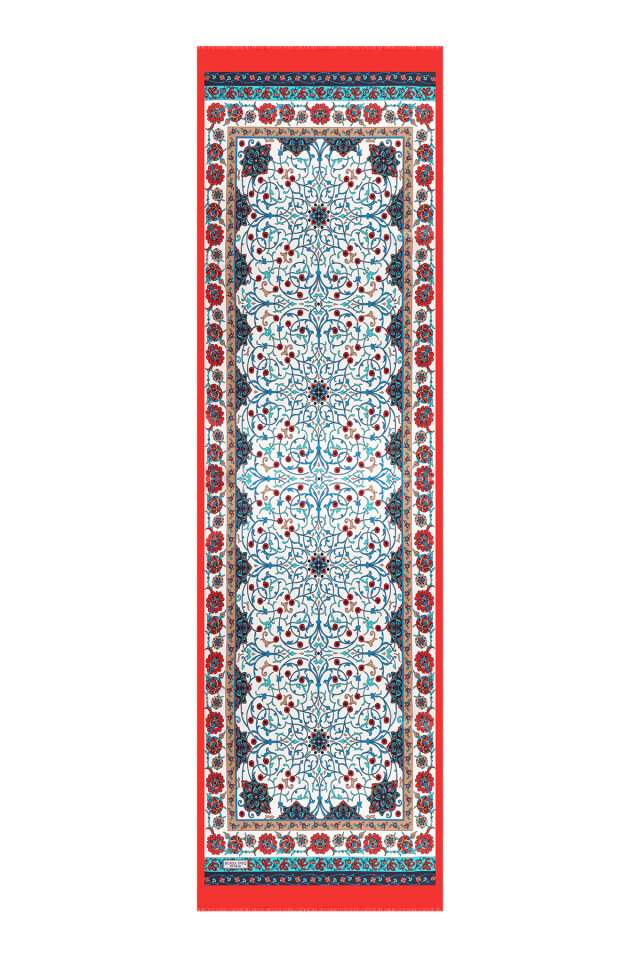 Kırmızı Sarmaşık Desen Dar İpek Fular - 4