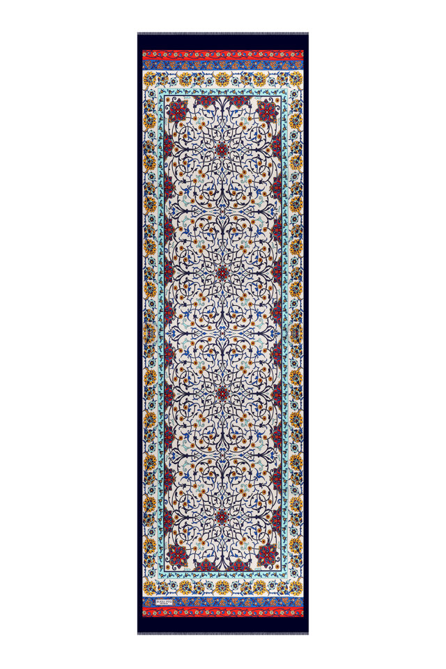 Lacivert Sarmaşık Desen Dar İpek Fular - 4