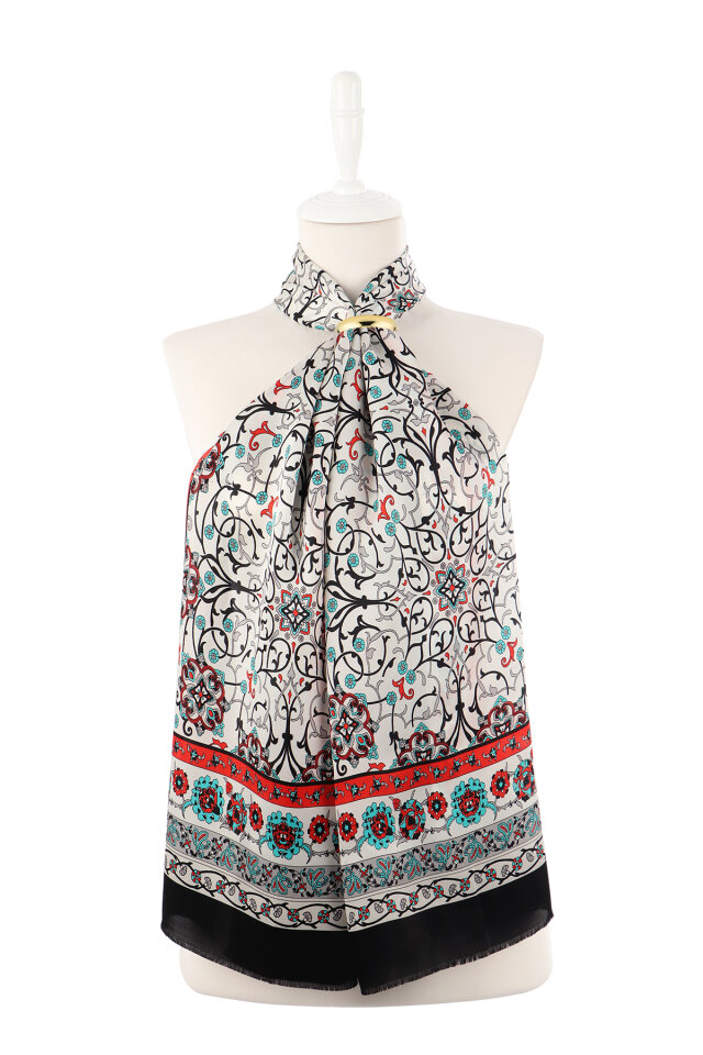 Siyah Sarmaşık Desen Dar İpek Fular - 2