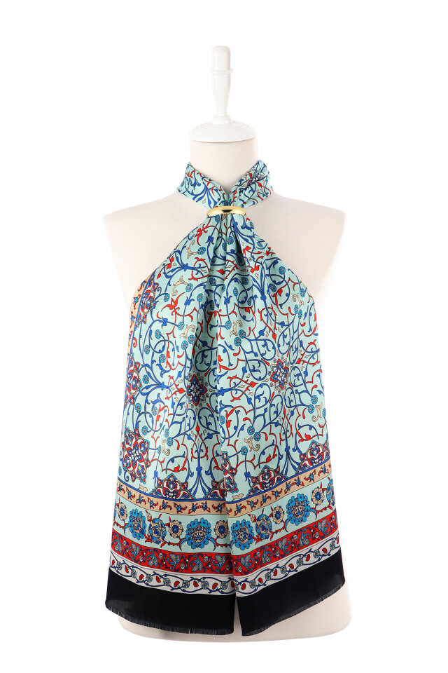 Su Yeşil Sarmaşık Desen Dar İpek Fular - 2