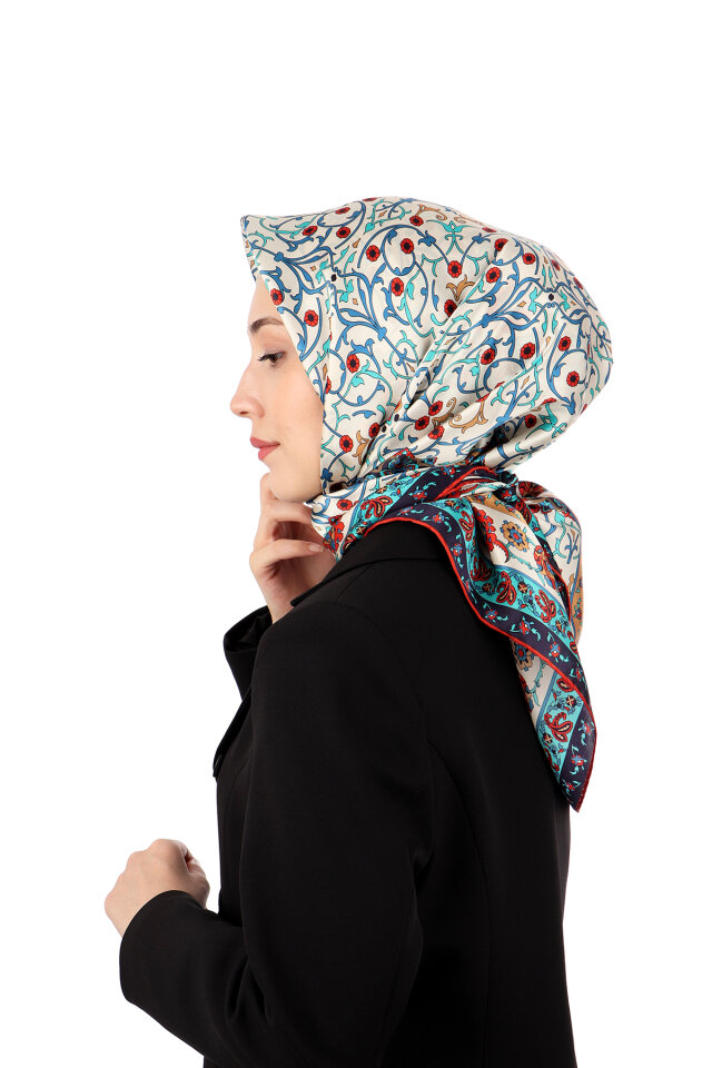 Petrol Mavi Sarmaşık Desen Sura İpek Eşarp - 3