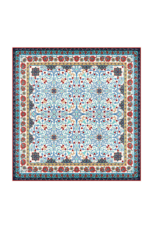 Petrol Mavi Sarmaşık Desen Sura İpek Eşarp - 1