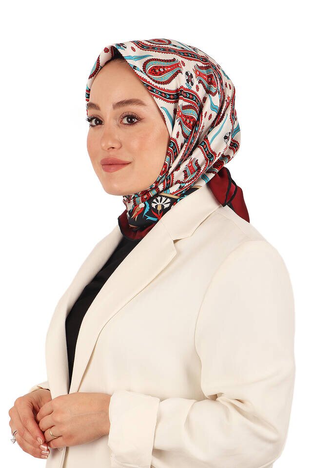 Bordo Sarmaşık Lale Desen İpeksi Eşarp - 2