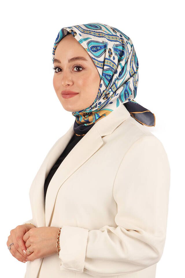 Lacivert Sarmaşık Lale Desen İpeksi Eşarp - 2